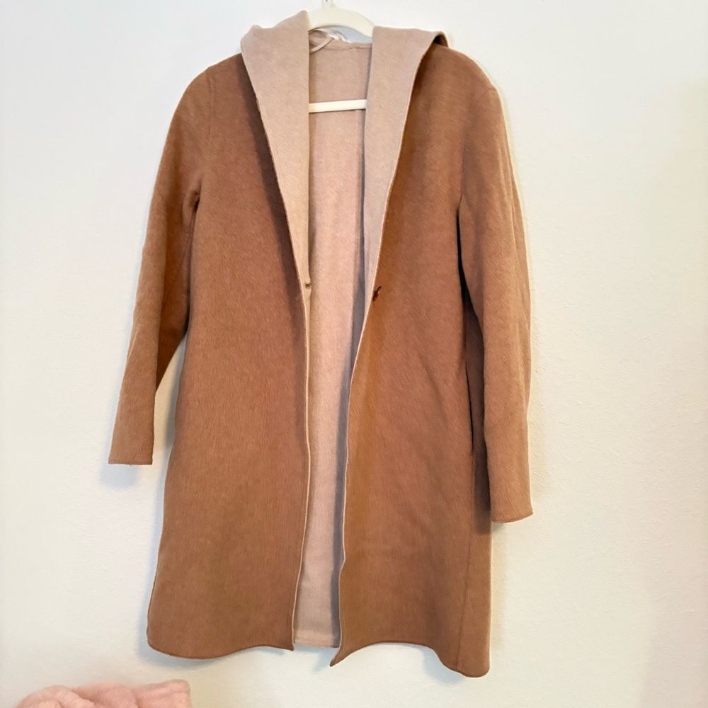 Uniqlo Double Face Hooded Wool Blend oversized Tan & Cream Sz XS Minimalist